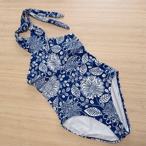 Boden Navy and White Floral Halter One-Piece Swimsuit